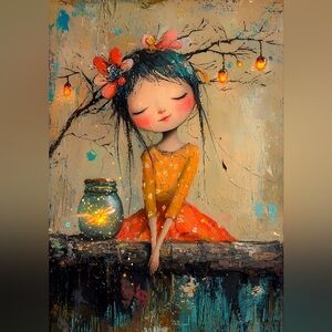 Whimsical Girl Art Print with Orange and Blue Accents